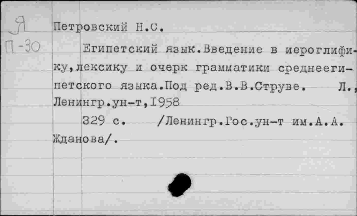 ﻿Петровский Н.С.
Египетский язык.Введение в иероглифы ку,лексику и очерк грамматики среднеегипетского языка.Под ред.В.В.Струве. Л. Ленингр.ун-т,1958
329 с. /Ленингр.Гос.ун-т им.А.А. Жданова/.